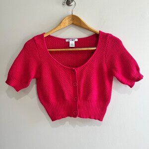 Y2K Pout Cropped Cardigan Sweater Womens L Pink Button Up Scoop Neck